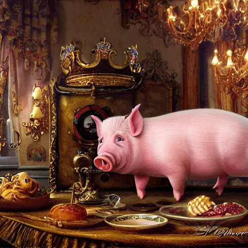 Prompt: smiling pig wearing gold crown eating sausage link, Realistic, Regal, Refined, Detailed Digital Art, Michael Cheval, Walt Disney (1937), François Boucher, Oil Painting, Steampunk, Highly Detailed, Cinematic Lighting, Unreal Engine, 8k