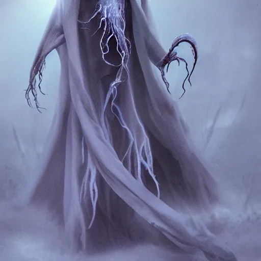 Image similar to concept designs for an ethereal ghostly wraith like figure with a squid like parasite latched onto its head and long tentacle arms that flow lazily but gracefully at its sides like a cloak while it floats around a frozen rocky tundra in the snow searching for lost souls and that hides amongst the shadows in the trees, this character has hydrokinesis and electrokinesis for the resident evil village video game franchise with inspiration from the franchise Bloodborne and the mind flayer from stranger things on netflix