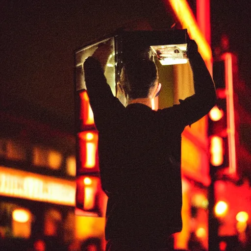 Prompt: Man drinking alcohol on a traffic light in the square city square, red light, atmospheric, 35mm movie, photo real, cinematic,