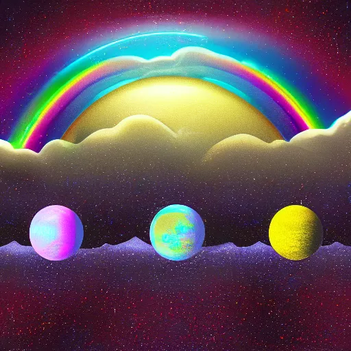 Prompt: Digital painting of a futuristic alien world with 3 moons and a rainbow haze