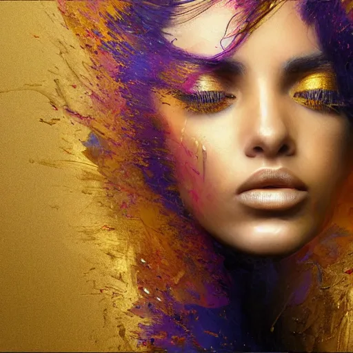 Prompt: masterpiece dynamic portrait of an aesthetic beautiful realistic black haired woman, gold and purple strands, 3 0 years old woman, mid long hair, black eyed, by joachim bergauer and wlop, artstation, deviantart, large view, motion blur, high aperture, pouring acrylic chaotic background, curves and splashes, detailed, intricate, 8 k