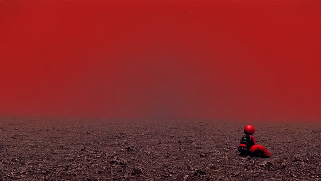 Prompt: a warped tunnel of irregular red and black checkerboard pattern swallows a lone spaceman, film still from the movie directed by Denis Villeneuve with art direction by Zdzisław Beksiński, wide lens