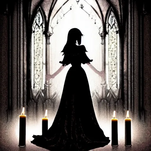 Image similar to a beautiful gothic girl inside a dark gothic cathedral illuminated by candles, impressive scene. grainy and rough. soft colour scheme. beautiful artistic detailed digital art