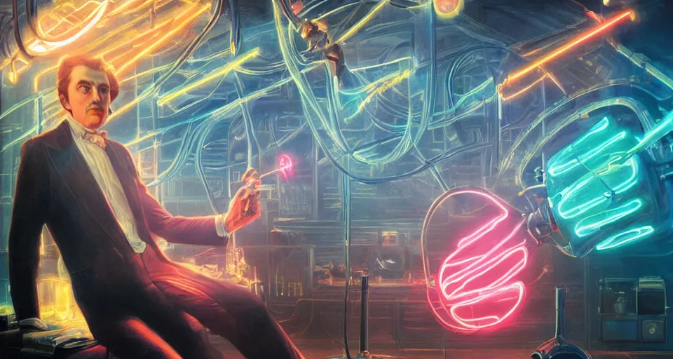 Image similar to nikolai tesla is caressed by bolts of electricity as he holds a vacuum tube, digital art, intricate, dramatic lighting, neon colors, cinematic, holographic runes, art by artgerm, greg rutkowski, rolf armstrong