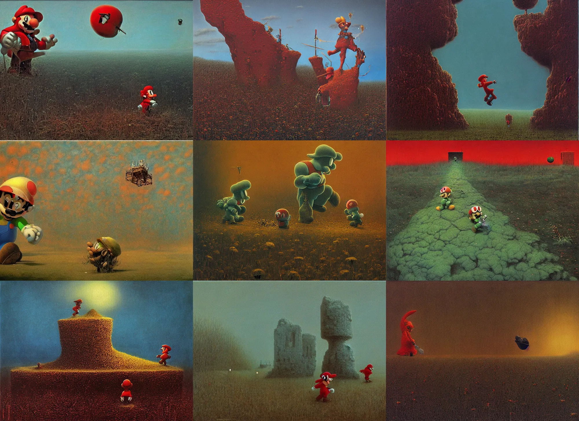 Prompt: zdislaw beksinski painting of the mario brothers