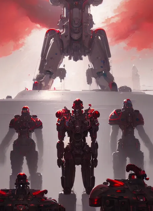 Image similar to a portrait of epic mechanical futuristic war army with red and white accent highly detailed, digital painting, concept art, smooth, sharp focus, illustration, art by greg rutkowski