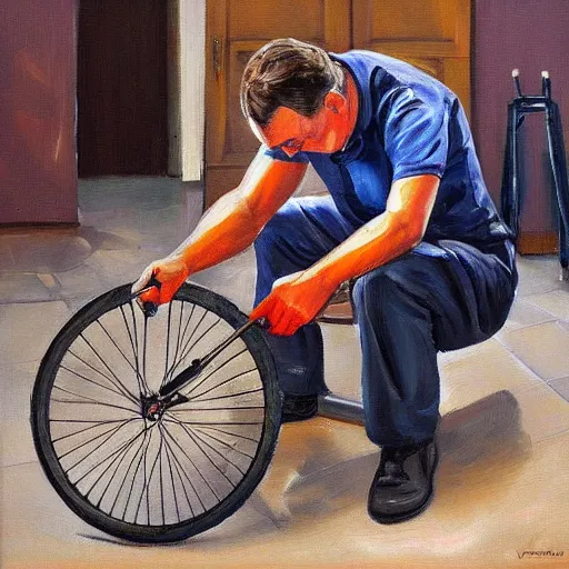 Prompt: viktor orban repairing a bicycle, oil painting