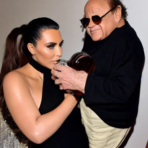 Image similar to danny devito is a very small little baby and kim kardashian is feeding danny devito from a bottle