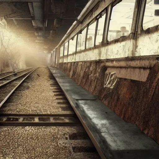 Prompt: An abandoned post apocalyptic subway station with an old decaying train, overgrown, sunlight, concept art, award winning