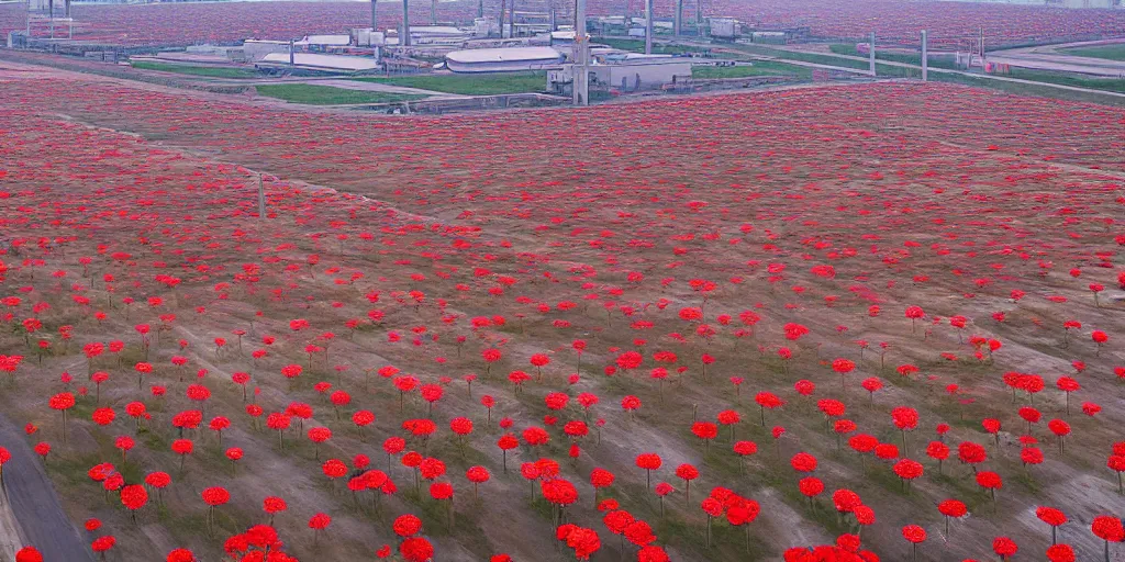 Image similar to a beautiful big field of rosses with in the background industry buildings with dirty smoke fire oil refinery, global illumination, by zeng fanzhi