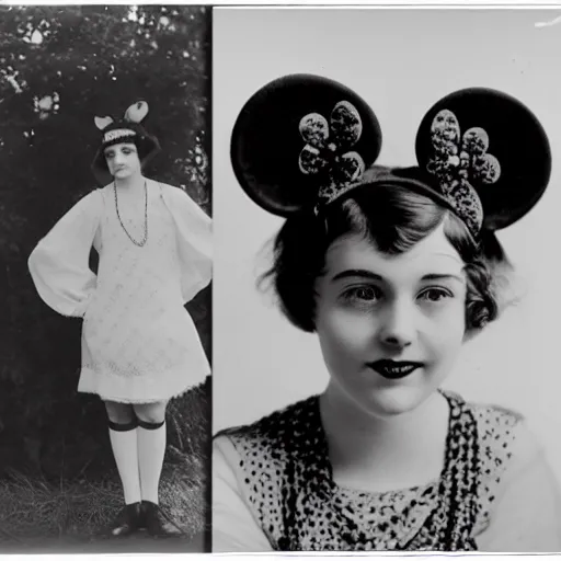 Prompt: 1920s photo of a 20yo woman who looks identical to Minnie Mouse