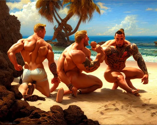 Image similar to handsome tattooed gym bro zeus and attractive tattooed gym bro apollo workout on the beach, epic painting by artgerm, gaston bussiere, craig mullins, j. c. leyendecker, tom of finland