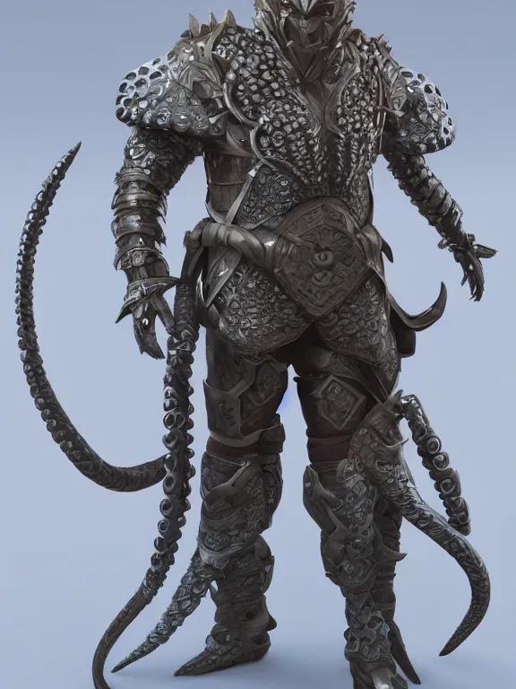 Prompt: full body frontview portrait of a fighter in octopus inspired armour, d & d character design, designed in blender, 8 k hd, octane render, intricate and highly detailed, coloured with lots of colour, pose, fantasy, sharp focus, realistic, volumetric lighting