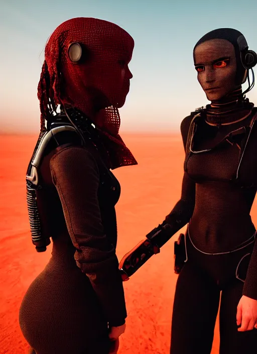 Image similar to cinestill 5 0 d photographic portrait by steve mccurry of two loving female androids wearing rugged black mesh techwear on a desolate plain with a red sky, extreme closeup, dust storm, 8 k, hd, high resolution, 3 5 mm, f / 3 2, ultra realistic faces, cyberpunk 2 0 7 7, ex machina