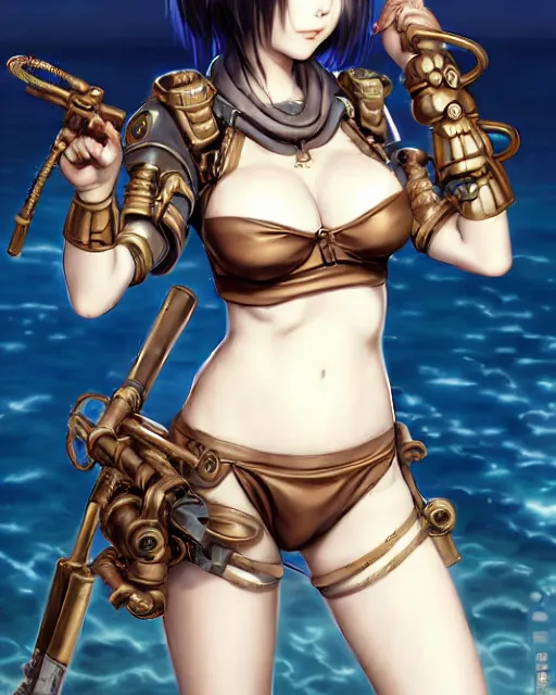 Image similar to portrait Anime Girl in bikini armor steampunk cute-fine-face, pretty face, realistic shaded Perfect face, fine details. Anime. Bioshock steampunk realistic shaded lighting by katsuhiro otomo ghost-in-the-shell, magali villeneuve, artgerm, rutkowski Jeremy Lipkin and Giuseppe Dangelico Pino and Michael Garmash and Rob Rey