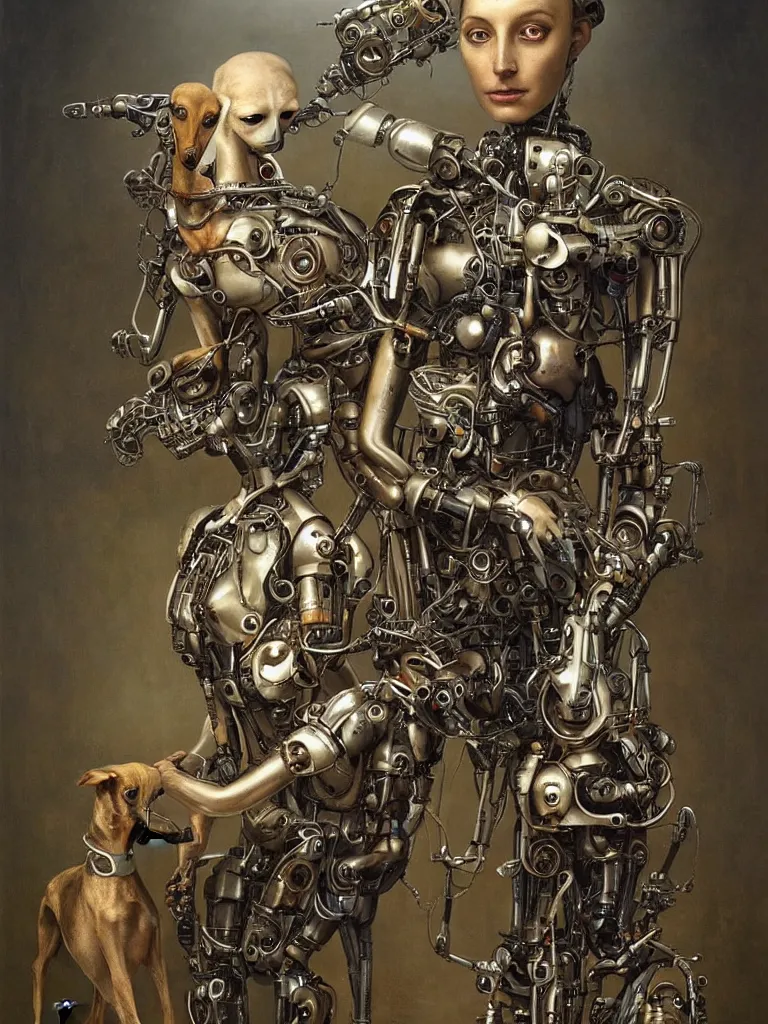 Image similar to portrait of a beautiful female android robot holding a whippet dog in her arms. Biopunk, steampunk, mecha, sighthounds, painting by James C. Christensen, by Tomasz Alen Kopera