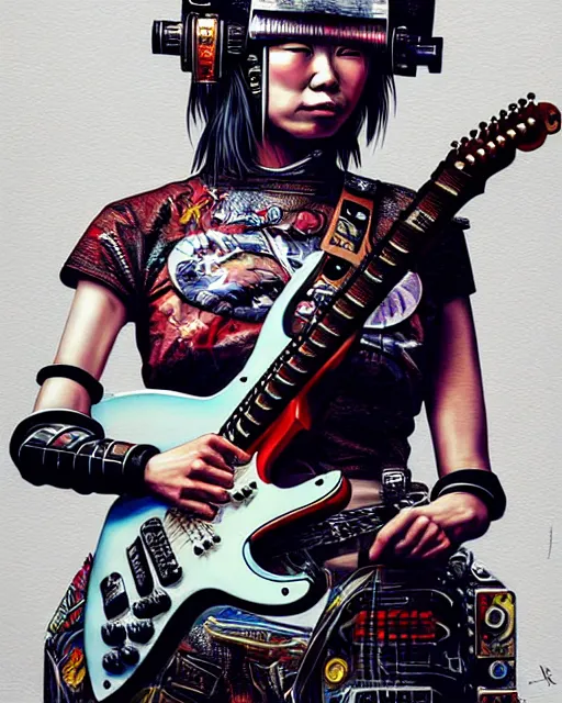 Prompt: a portrait of an anthropomorphic cyberpunk samurai, shredding a guitar by sandra chevrier, by jon foster, detailed render, epic composition, cybernetics, 4 k realistic, fender stratocaster, cryengine, realistic shaded lighting, sharp focus, masterpiece, by enki bilal