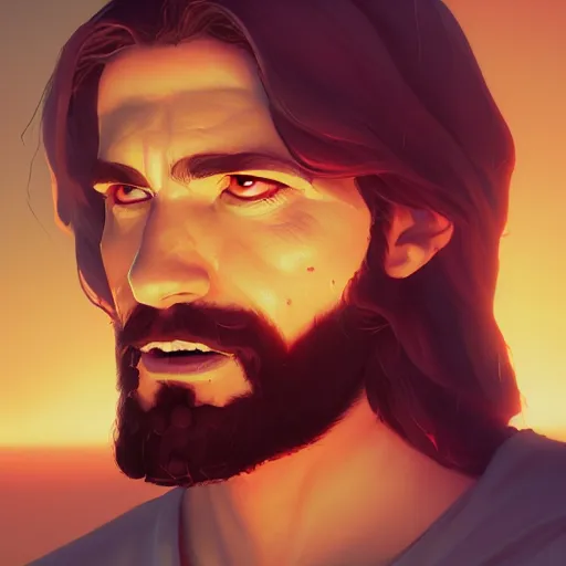 Image similar to Portrait of Jesus Christ, mattepainting concept Blizzard pixar maya engine on stylized background splash comics global illumination lighting artstation lois van baarle, ilya kuvshinov, rossdraws