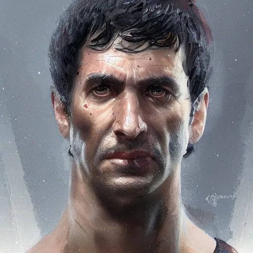 Image similar to Portrait of a man by Greg Rutkowski, he is about 40 years old, short black hair with bangs, his features are a mix between French, Turkish and Russian, expression of helplessness, sadness and resentment, he is wearing a futuristic tactical gear, highly detailed portrait, digital painting, artstation, concept art, smooth, sharp foccus ilustration, Artstation HQ.