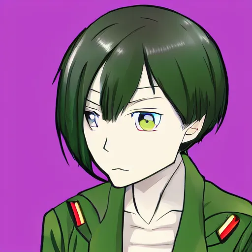 Image similar to brunette woman, bright green eyes, short hair, flipped out hair, military uniform, anime style