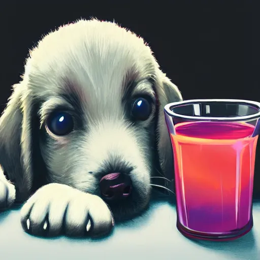 Prompt: cute puppy drinking juice, masterpiece, colorful ambient lighting, smooth shading, 8k, cinematic lighting, highly detailed, digital painting, artstation, smooth, sharp focus, illustration, digital illustration, by Pixar