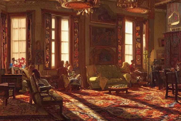 Prompt: a bohemian parlor with sunbeams streaming in from tall windows, by Donato Giancola and Vermeer,floral embroidery, carved wood, oriental carpets,rich deep color, dramatic cinematic lighting, featured on Artstation, cgsociety, unreal engine