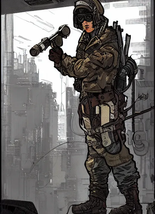 Prompt: the plumber. cyberpunk assassin in military vest and jumpsuit. portrait by ashley wood and alphonse mucha and laurie greasley and josan gonzalez. illustration, pop art, cinematic. realistic proportions. moody industrial setting. artstationhq