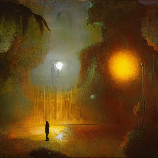 Prompt: mystical kew gardens, mist, full moon, solarpunk, by matisse, rembrandt, paul lehr