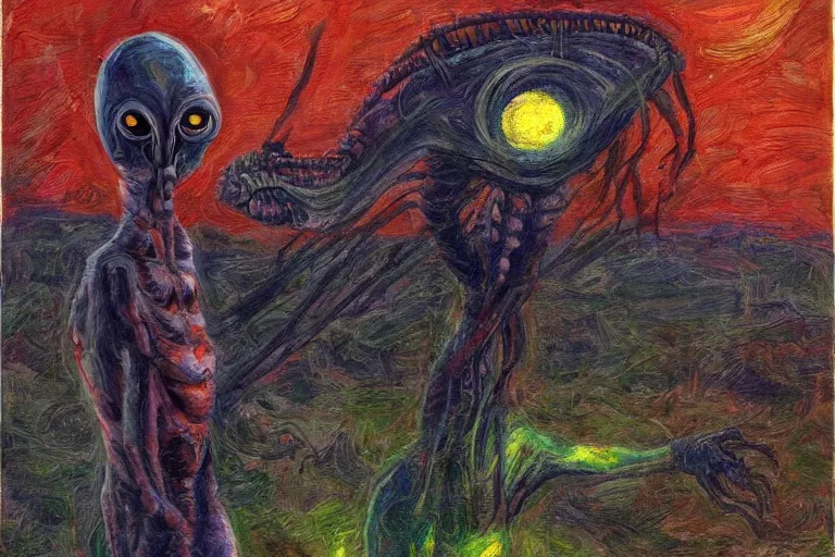 Prompt: a tall terrifying alien. in the style of american impressionism painting.