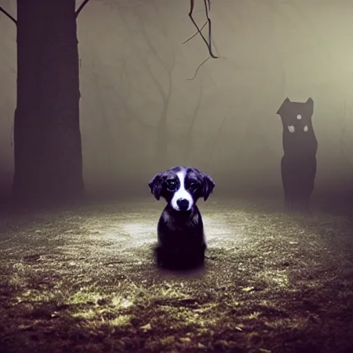 Image similar to dog in creepy scary nightmare atmosphere, realsitic