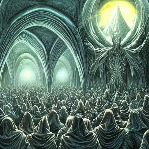 Image similar to a dark cabal of hooded elven mystics gathered in a circular formation around highly advanced alien computer technology processing the souls of the dead, dan seagrave art, michael whelan