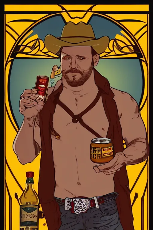 Prompt: symmetrical tarot card of a shirtless cowboy holding a can of beans and a bottle of whisky in front of a campfire, chunky build, cowboy boots, dad bod, homoerotic!, art deco, art nouveau, trending on artstation