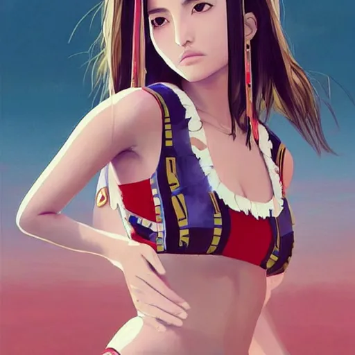 Image similar to a beautiful young japanese natalie portman alluring gravure model, stylized concept art, wearing elegant designer bomber jacket and one piece bikini, bomber jacket with mesoamerican patterns, mesoamerican native street fashion, princess mononoke, painted by ilya kuvshinov aesthetic, gorgeous, stunning, alluring, attractive, artstation, pinterest, digital art