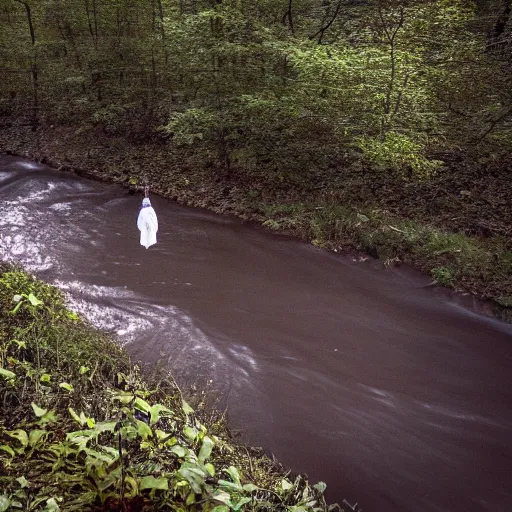 Image similar to photo of a ghostly figure floating over a river, cinematic, blair witch project, real