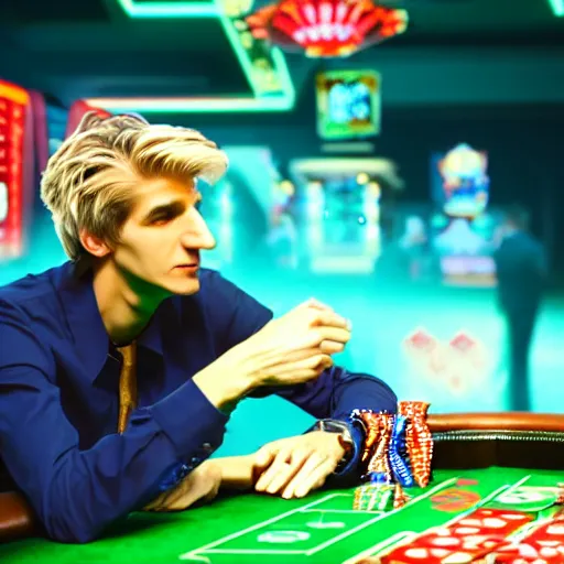 Image similar to film still of xqc gambling in Vegas, 4k, photorealism, artstation style