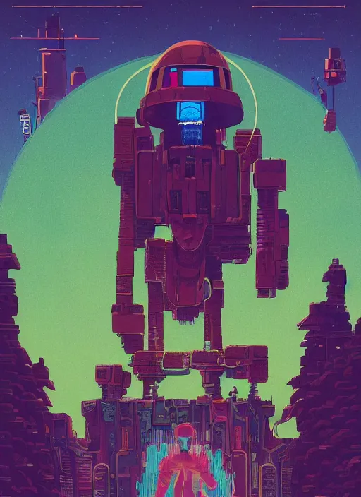 Image similar to an indie game poster of a translucent cyberpunk explorer meditating in front of a giant decaying robot head, dense forest, midnight, risograph by ghostshrimp, kawase hasui, josan gonzalez, jean giraud, moebius, colourful flat surreal design, in the style of oxenfree, super detailed, a lot of tiny details