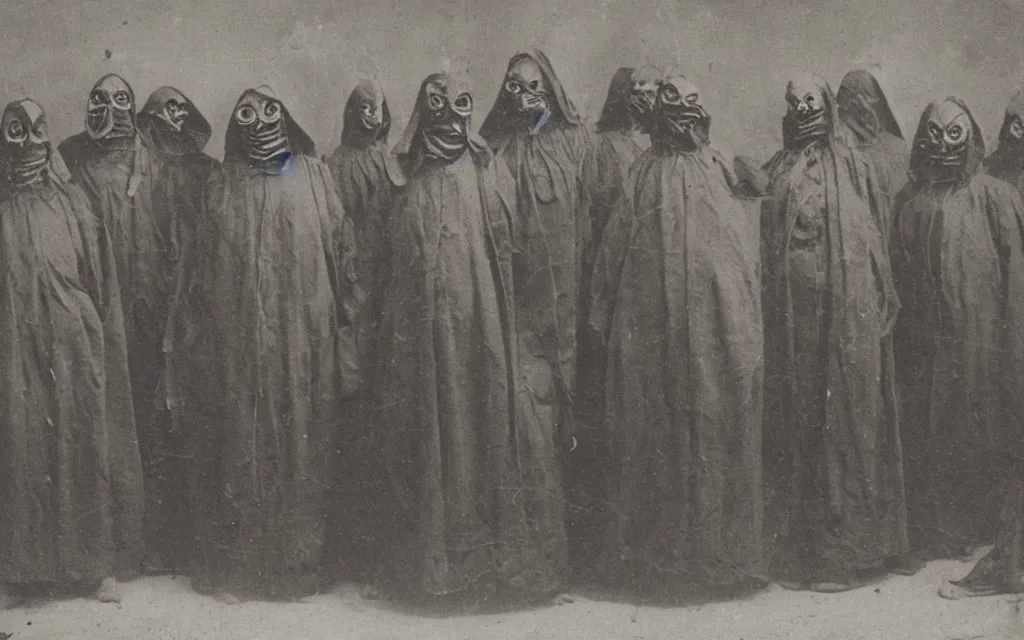 Prompt: 19th century photo of a cult dark old cultists wearing masks with ugly monster by Louis Daguerre