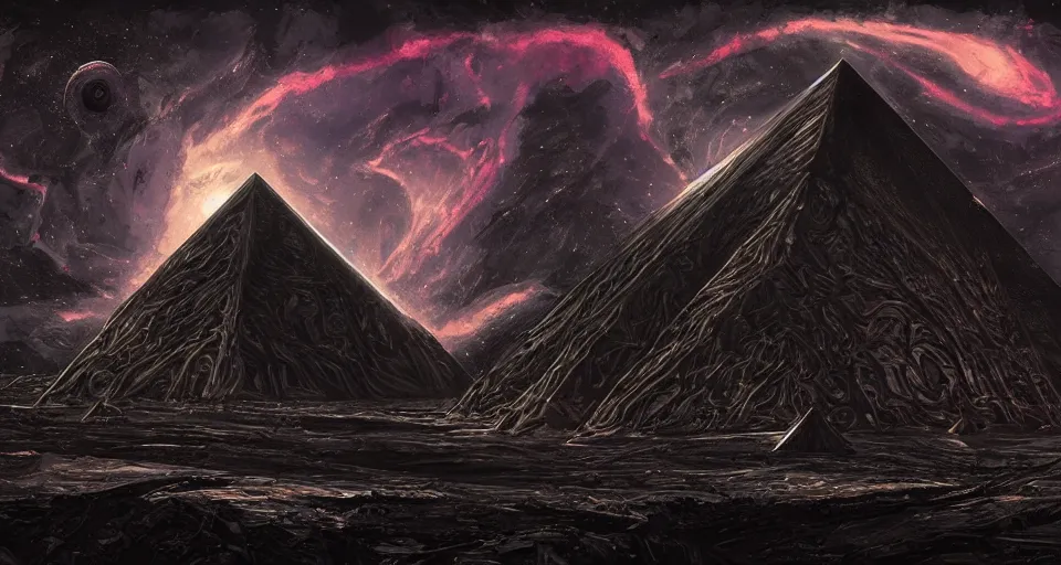 Prompt: black lovecraftian eldritch!! obsidian! large pyramid!! surrounded by black flat ground, cosmic sinister space!, bright stars, nebula, sky background by eugene von guerard, ivan shishkin, night, concept art, trending on artstation, 8 k