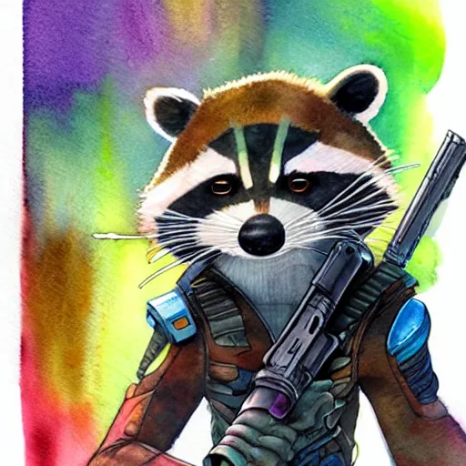 Image similar to racoon holding a laser gun, guardians of the galaxy style, centered award winning watercolor pen illustration, by caroline choi, edited by range murata