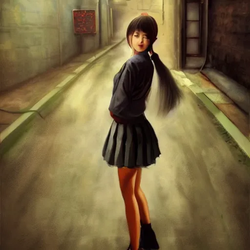 Image similar to a perfect, realistic professional oil painting of a Japanese schoolgirl posing in a dystopian alleyway, style of Marvel, full length, by a professional American senior artist on ArtStation, a high-quality hollywood-style concept