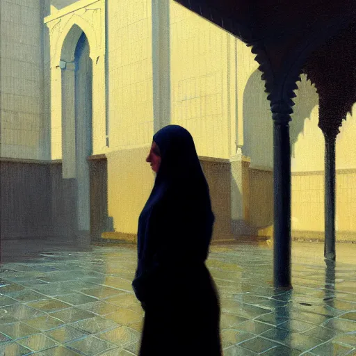 Image similar to action moment, detailed portrait of a woman, courtyard, capital, cyberpunk mosque interior, control panel, watcher, omniscient, tech noir, wet reflections, impressionism, atmospheric, ambient, speed painting, livia prima, edward hopper