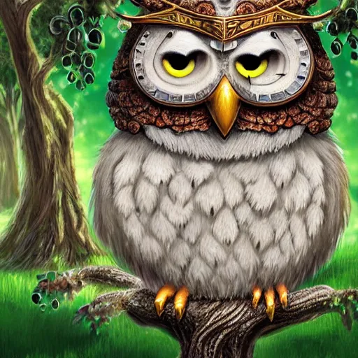 Prompt: A detailed, highly realistic anthropomorphic owl with a viking helmet and round shield standing in front of a tree, an anthropomorphic owl with a fluffy face wearing armor in front of a tree, digital art, ArtStation, Commission, Award Winning