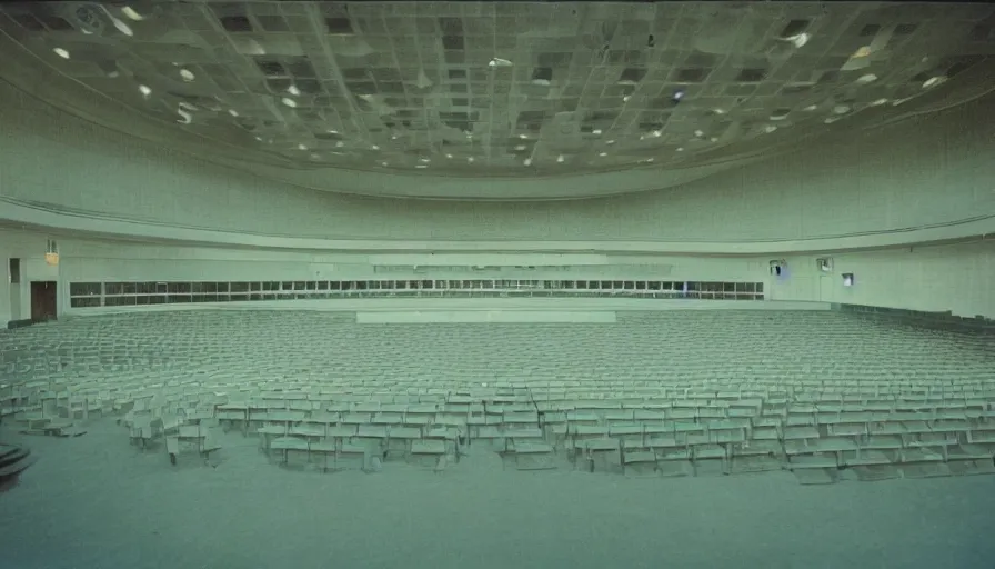 Image similar to 60s movie still of a sovietic stalinist style empty congress palace, cinestill 800t 50mm eastmancolor, liminal Space style, heavy grain-s 150