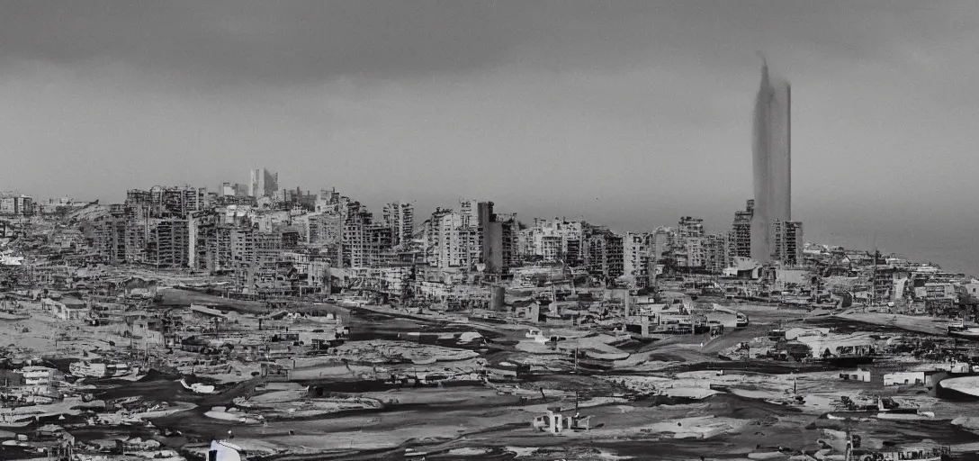 Prompt: apocaliptic Portrait of the city of Mar del Plata with a offshore oil dripping , by stephen Shore and Arthur Adams , epic composition 35mm, 8k