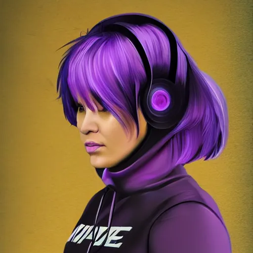 Image similar to poster artwork, sci fi, a female, full body, black hoodie techie, black hair with purple streaks, 8 k