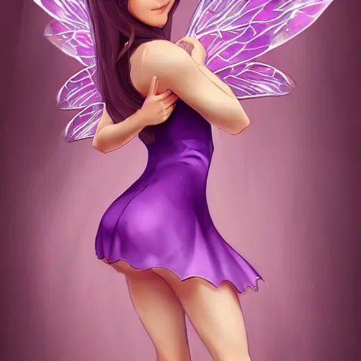 Image similar to very very very beautiful tiny fairy woman in her 20s with fairy wings wearing skintight purple dress, making eye contact, smiling, flirty, perfect body, perfect face, drawn by artgerm