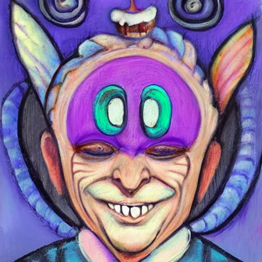 Prompt: “portrait painting of a jester with spiral eyes. He smiles like a Cheshire Cat. Above his head is an Infinity symbol. Pastel blurry background.”