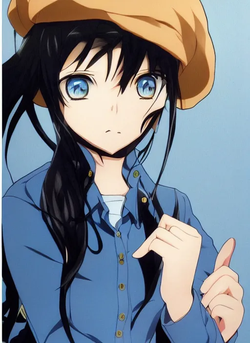 Image similar to key anime visual of a beautiful girl wearing a beige beret and blue shirt; long black hair; anime; drawn by Shigenori Soejima; 3 tone colors