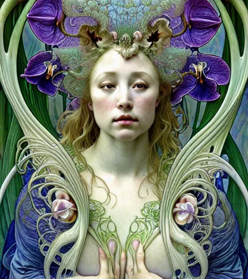 Image similar to beautiful orchid fairy detailed realistic porcelain face portrait by jean delville, alphonse mucha, iris van herpen and marco mazzoni, art forms of nature by ernst haeckel, art nouveau, symbolist, visionary, gothic, neo - gothic, pre - raphaelite, fractal lace, intricate alien botanical biodiversity, surreality, hyperdetailed ultrasharp octane render