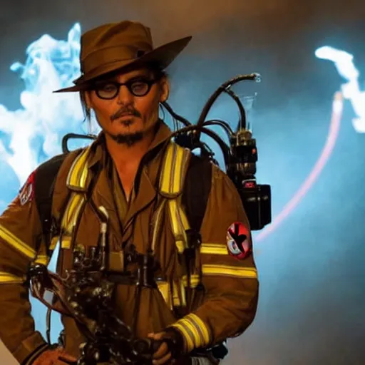 Image similar to Johnny Depp playing a Ghostbuster in the movie Ghostbusters 8k hdr movie still